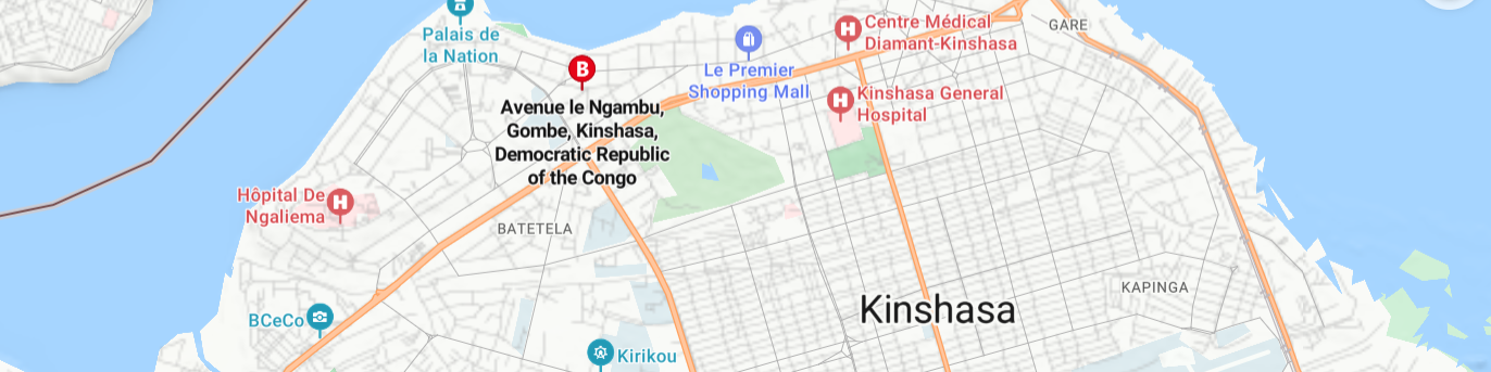 Map of Mubs location at Avenue le Marinel, N°06, Gombe, Kinshasa